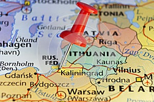 Red pin on Kaliningrad, Russia