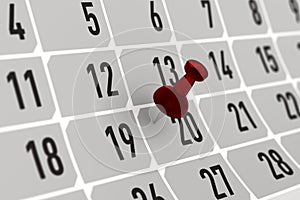 Red pin marking important day on calendar. 3D illustration