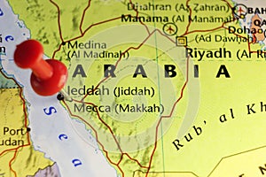 Red pin on Mecca, Saudi Arabia