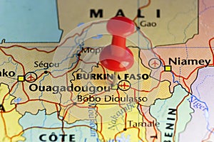 Red pin on Ouagadougou, Burkina Faso