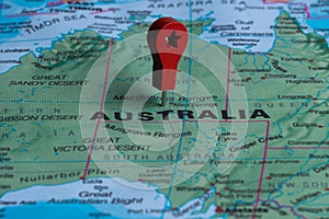 Red pin, point on the map of Australia. Concept travel background.