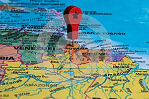 Red pin, point on the map of Guyana. Concept travel background.