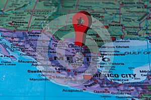 Red pin, point on the map of Mexico. Concept travel background.