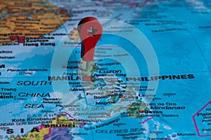 Red pin, point on the map of Philippines. Concept travel background.