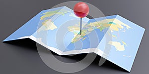 Red pin pointer location on World Map above view, Travel navigation GPS concept