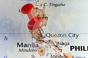 Red pin on Quezon City, Philippines