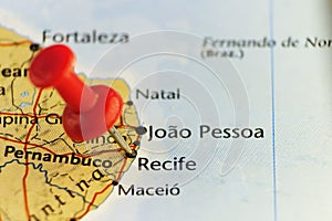 Red pin on Recife, Brazil