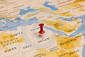 A Red Pin on Sudan of the World Map photo