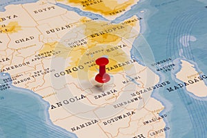 A Red Pin on Zambia of the World Map