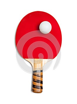 A red ping pong paddle with ball on white