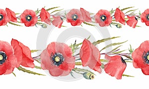 Red poppy flowers and greenery. Watercolor seamless border. Hand-drawn art for greeting cards, invitations and interior decoration