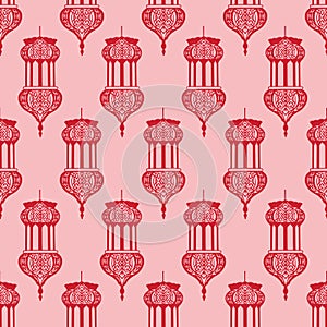 Red on Pink Arabic Lantern Geometrical Pattern Seamless Repeat Background