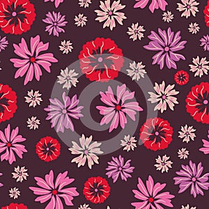 Red and pink blooms seamless vector pattern