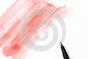 Red pink crimson watercolor paintbrush long strokes on white paper background. Black pigment fineliner pen. Greeting card poster