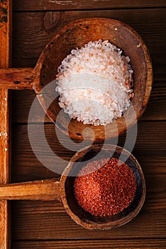 Red and Pink Crystal Rock salt in rustic spoons
