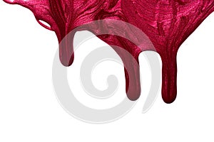 Red pink enamel nail polish blot isolated on white background. Makeup varnish sample abstraction