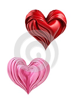 Red and Pink Gorgeous 3D Heart Shaped Icons of Drapery Satin Fabric on Transparent Background