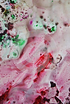 Red pink green black bright muddy colors and hues. Abstract unique wet paint background. Painting spots.