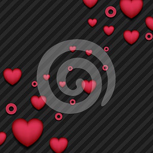 Red pink hearts on black striped background