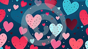 Red and pink hearts on blue background. Happy Valentines Day