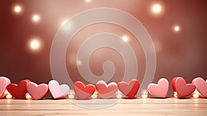 Red and pink hearts on a soft bokeh background. Banner with copy space. Template for valentine card, greeting