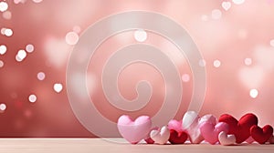 Red and pink hearts on soft bokeh background. Banner with copy space. Template for valentine card, greeting, invitation