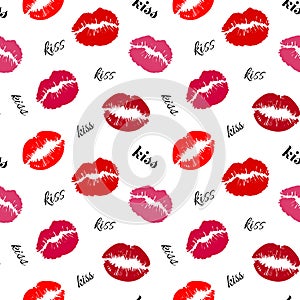 Red and pink lip marks isolated on white background trendy seamless pattern with word `kiss` in diffrent fonts. Vector illustratio