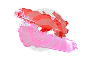 Red and pink lipstick stroke for makeup as sample of cosmetic product