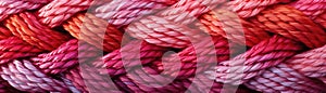Red Pink Orange Close Up Detailed Pattern Of Ropes Twine Panoramic Banner. Generative AI