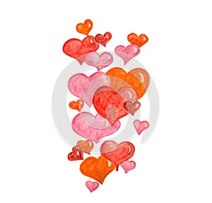 Red, pink and orange hearts - watercolour painting isolated on white