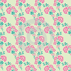 red pink orange and violet vector flowers with leaves pattern on green background photo