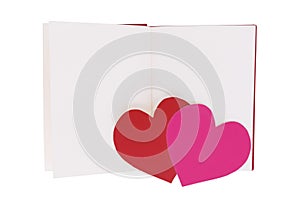 Red and pink paper heart on blank open book isolated on white