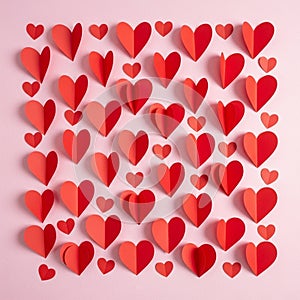 Red and pink paper hearts arranged in a grid pattern on a light pink background. The