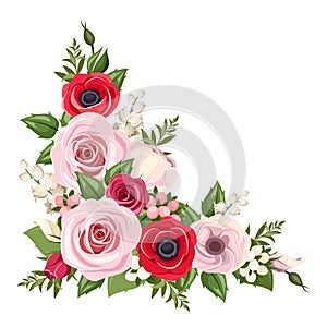 Red and pink roses, lisianthus and anemone flowers and lily of the valley. Vector corner background.