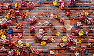 Red and pink roses on the old brick wall background with copy space