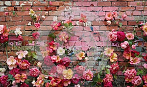 Red and pink roses on the old brick wall background with copy space