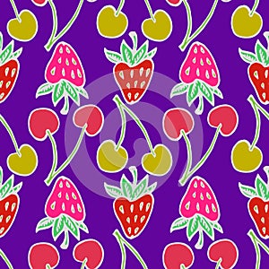 Red and pink strawberries, yellow and red cherry, white outline on bright blue background