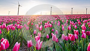 Red pink tulips during sunset, tulip fileds in the Netherlands Noordoostpolder, beautiful sunset colors with spring