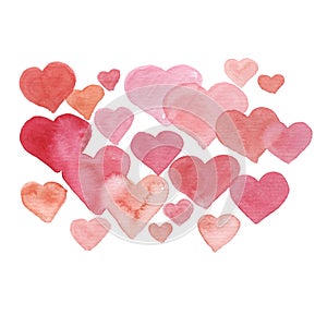 Red and pink watercolor hearts for Valentine`s day
