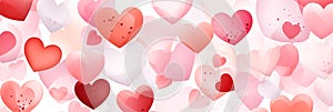 Red, pink, white hearts pattern background banner. Valentine's Day. Panoramic web header with copy space. Wide