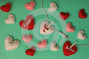 Red pink white hearts and string with cloths pins