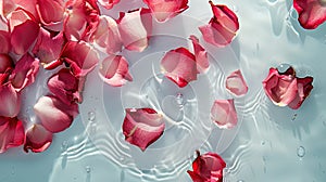 red, pink, or white rose petals scattered gracefully on a milky background, evoking a sense of romance and tranquility.