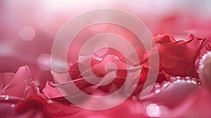 red, pink, or white rose petals scattered gracefully on a milky background, evoking a sense of romance and tranquility.