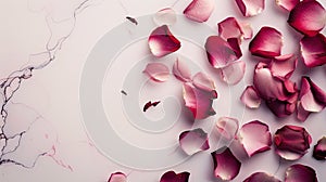 red, pink, or white rose petals scattered gracefully on a milky background, evoking a sense of romance and tranquility.