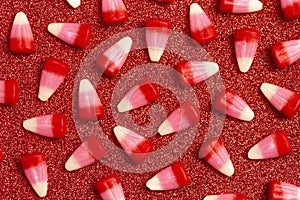 Red Pink and White Valentines Day Candy Corn on a Red Background