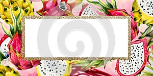 Red pink and yellow dragon fruits horizontal banner template with gold frame. Watercolor pitahaya illustration