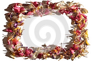 Red, pink, yellow flower petals frame in sunlight on white background isolated close up, flower petals decorative border