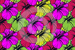 Red pink yellow hibiscus background vector pattern seamless design