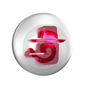 Red Pinocchio icon isolated on transparent background. Silver circle button.