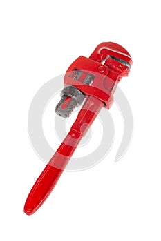 Red pipe wrench, plumbing tool, isolated on white